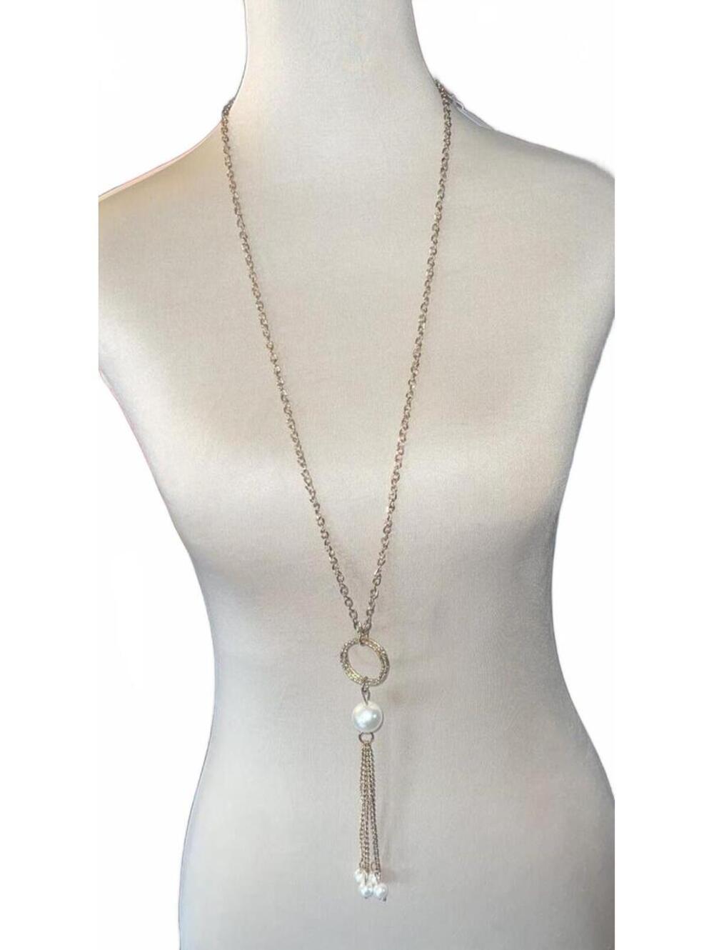 Gold Tone Long Chain Necklace with Pearl and Tassel Pendant